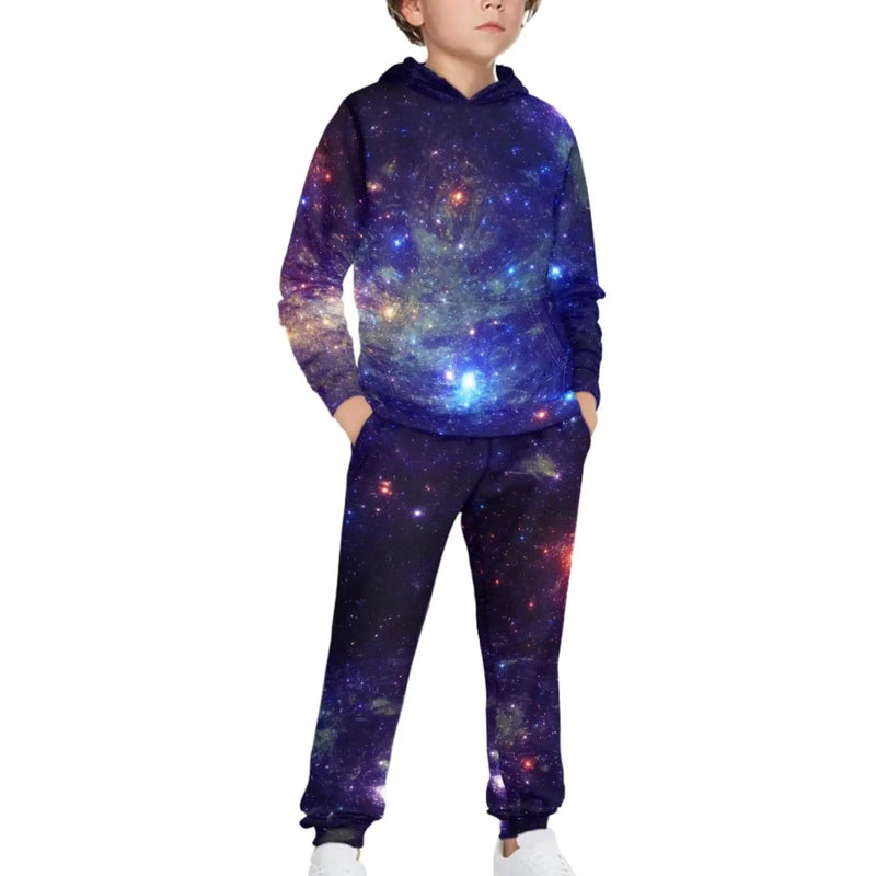 Renewold Kids Hoodie Sweatshirt and Jogger Sweatpants Galaxy Space Print 2 Piece Set Boys Girls Tracksuits Long Sleeve Activewear Clothing Outfits for Casual Athletic Party Size 10-12 Years