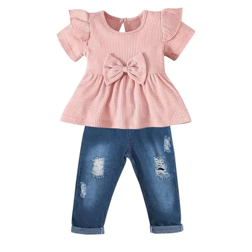 tagyum Baby Girl Clothes 18-24 Months Girl Clothing Fall Infant Denim Toddler Outfits Pink Ruffle Short Sleeve Tops Ripped Jeans Pants 2 Piece Clothing Sets