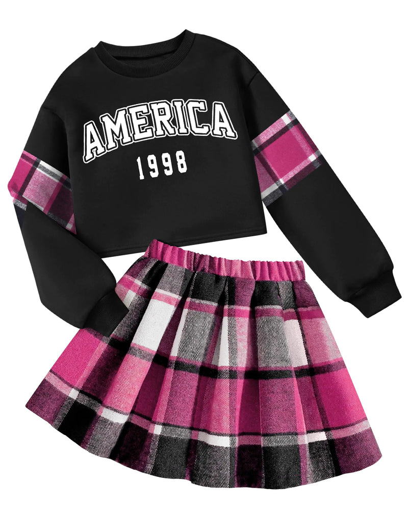 NECIOUS Girls Outfits Two Piece Teen Girls Clothes Fall Winter Fashion Sweatshirt Checkered Skirts Sets Girls Clothing Size 12 Size 11