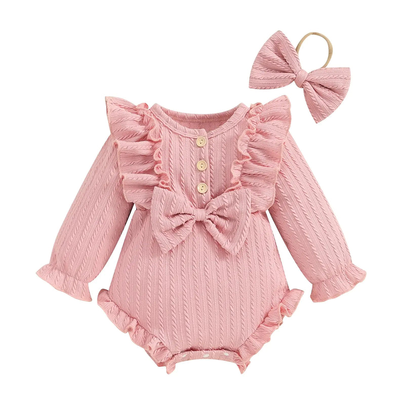 ZAXARRA Infant Baby Girls Fall Outfits Button Front Ruffle Long Sleeve One piece Rompers Cute Newborn Headband Clothing Sets (Pink 6-9 Months)