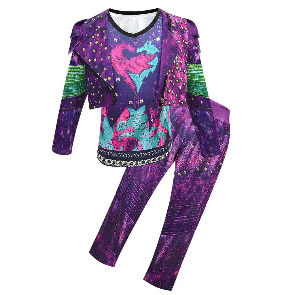 laughZuaia Kids Girls Mal Evie Jacket + Pant Clothing Set Halloween Cosplay Costumes Party Dress up Outfits (4-5Years Mal)