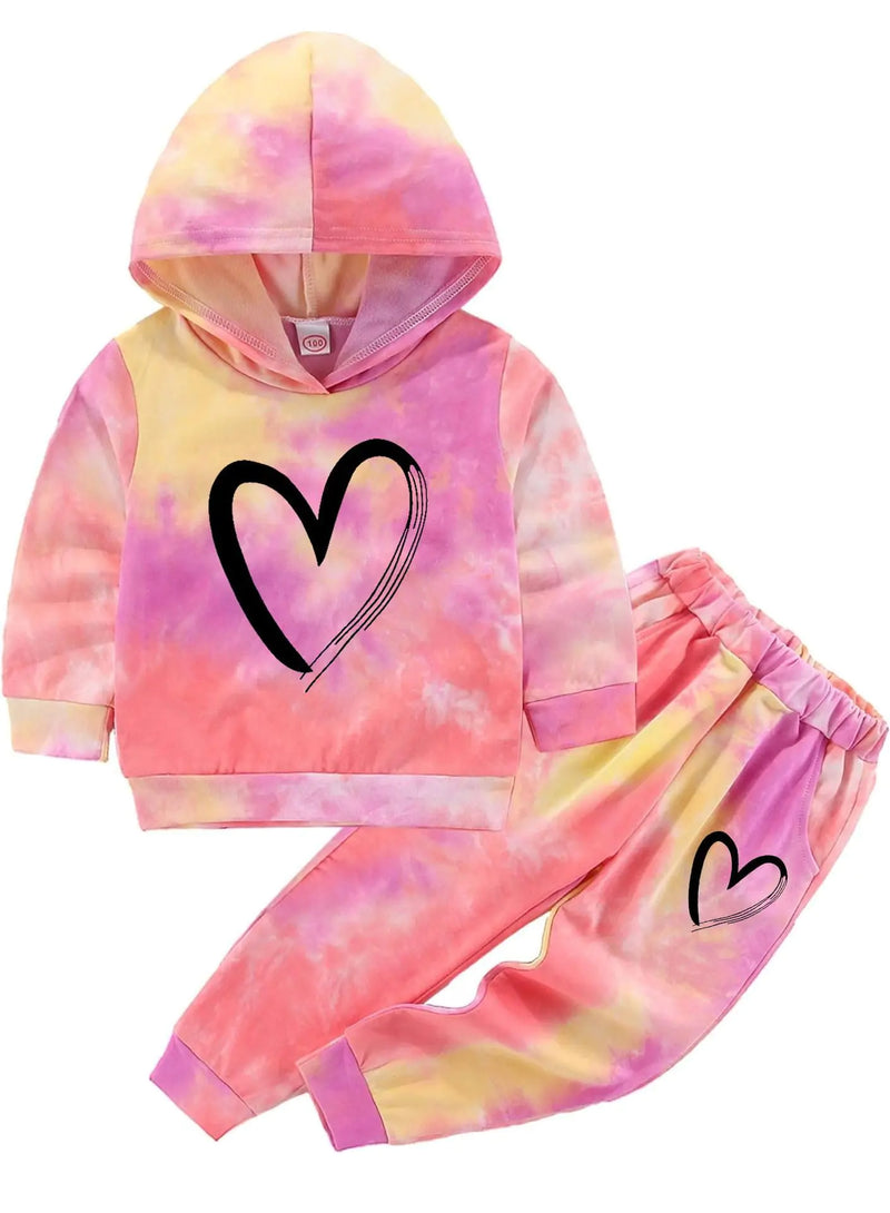 BOMDEALS Toddler Girls Tie Dye Clothes - Cute Valentines Outfits Kids Sweatsuit Hoodie Sweatshirt Pants Fall Clothing Set(PinkYellow12012062b)