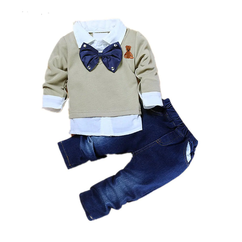 puseky 2pcs Toddler Baby Boys Bow Tie Shirt Tops+Denim Pants Gentleman Clothes Outfits for Baby Boys 1T 2T
