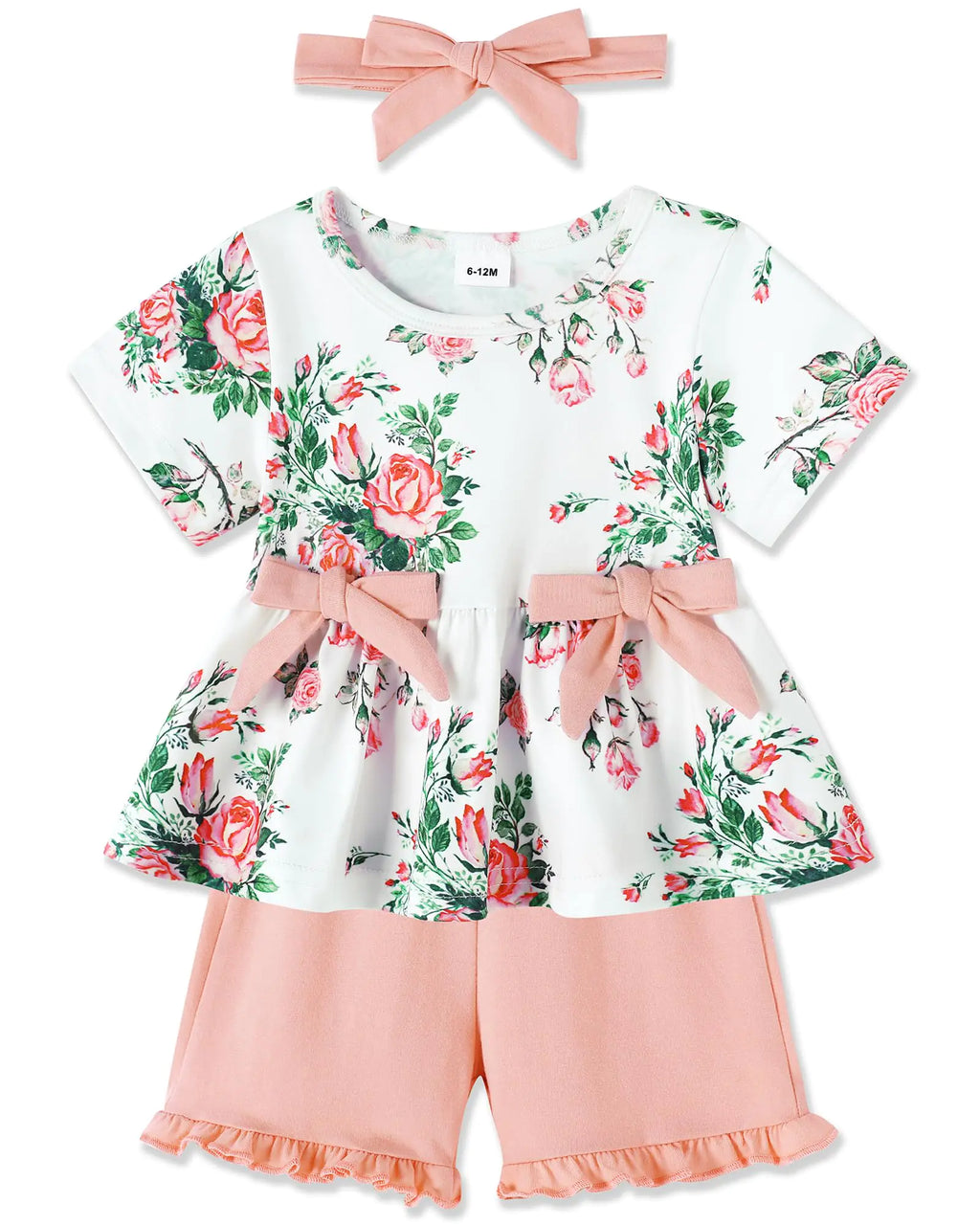 YALLET Toddler Baby Girl Clothes Summer Outfits Set Short Sleeve T-Shirt+Casual Shorts+Headband 3Pcs Infant Girl Clothing(Pink 6-12 Months)