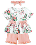YALLET Toddler Baby Girl Clothes Summer Outfits Set Short Sleeve T-Shirt+Casual Shorts+Headband 3Pcs Infant Girl Clothing(Pink 6-12 Months)