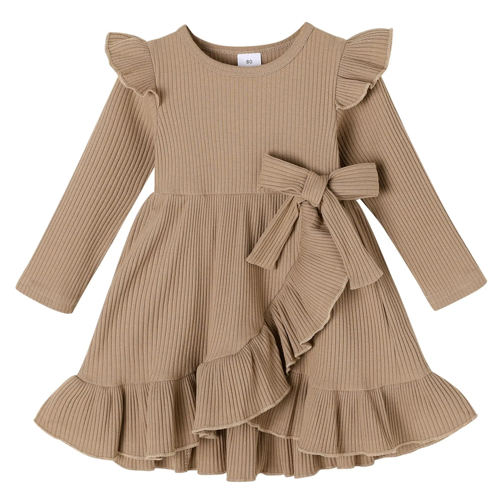 YOUNGER TREE Toddler Baby Girls Fall Clothing Solid Cotton Pit Irregular Skirt Winter Dress Long Sleeve Skirt Outfits(Ruffle-Brown 2-3T)