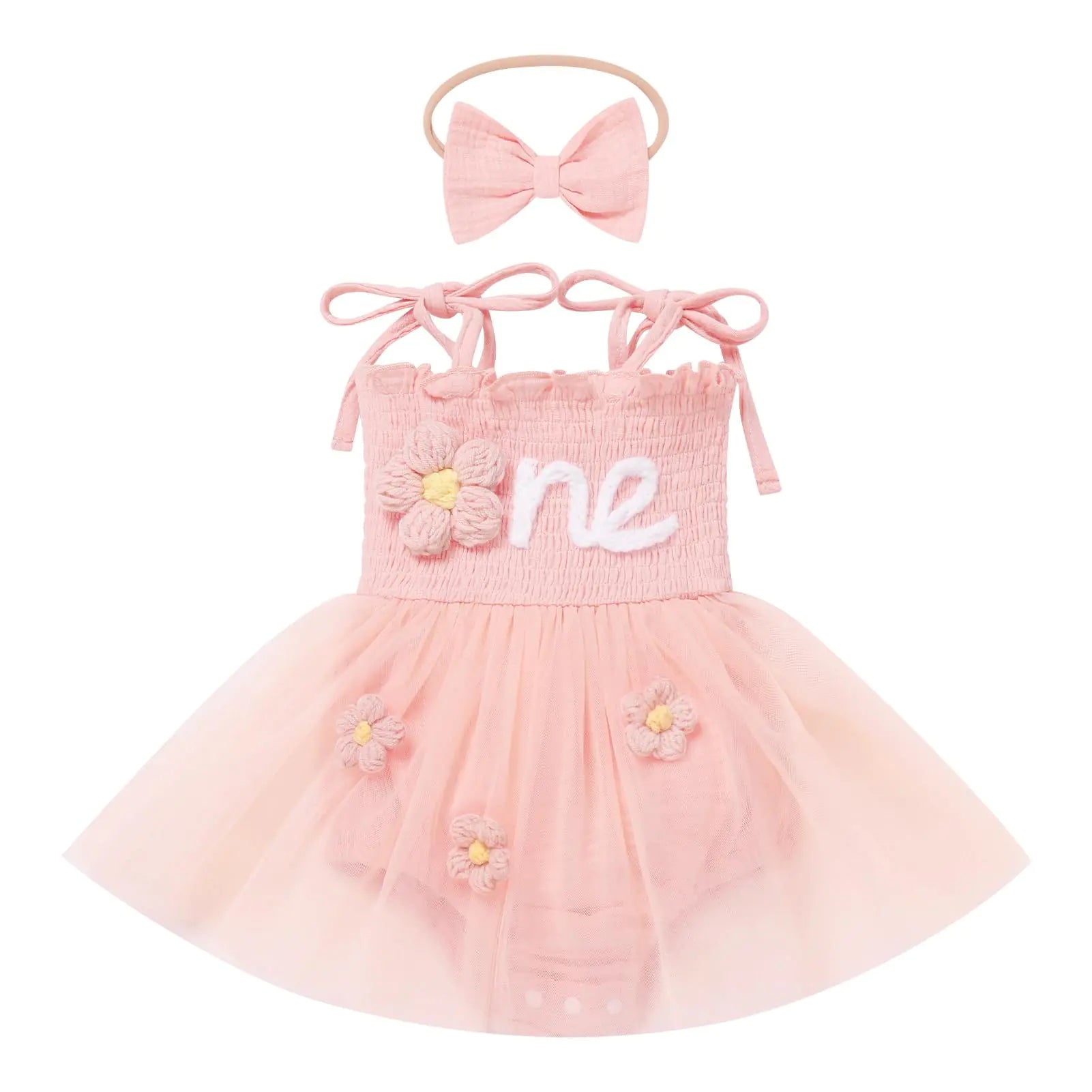 Baby Girls 1st Birthday Outfit Spaghetti Straps Romper Tutu Dress Headband One Year Old Party Cake Smash Outfits Pink Flowers 6-12 Months