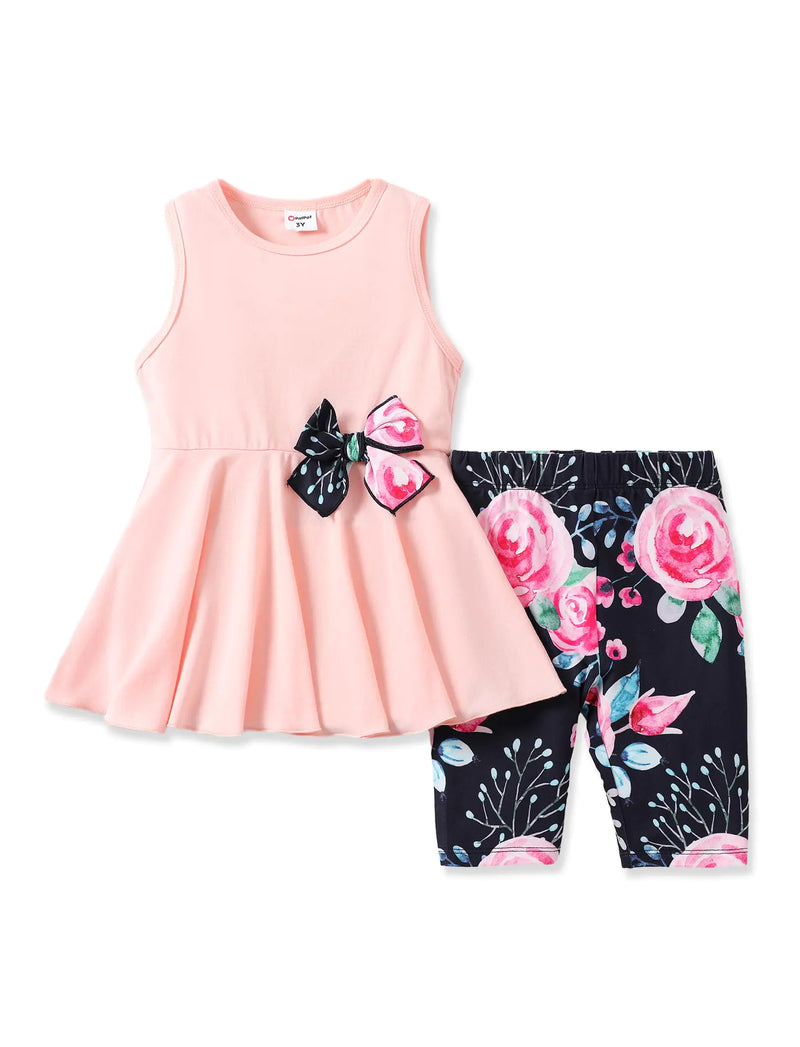 PATPAT Toddler Kids Girls Outfits Bowknot Pleated Hem Design Sleeveless Top and Allover Floral Print Short Set 2Pcs Summer Clothing Set Pink 9-10Years