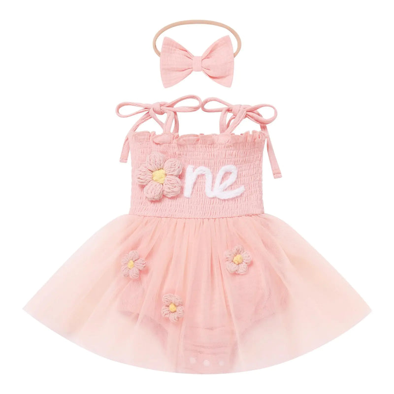 Baby Girls 1st Birthday Outfit Spaghetti Straps Romper Tutu Dress Headband One Year Old Party Cake Smash Outfits Pink Flowers 6-12 Months