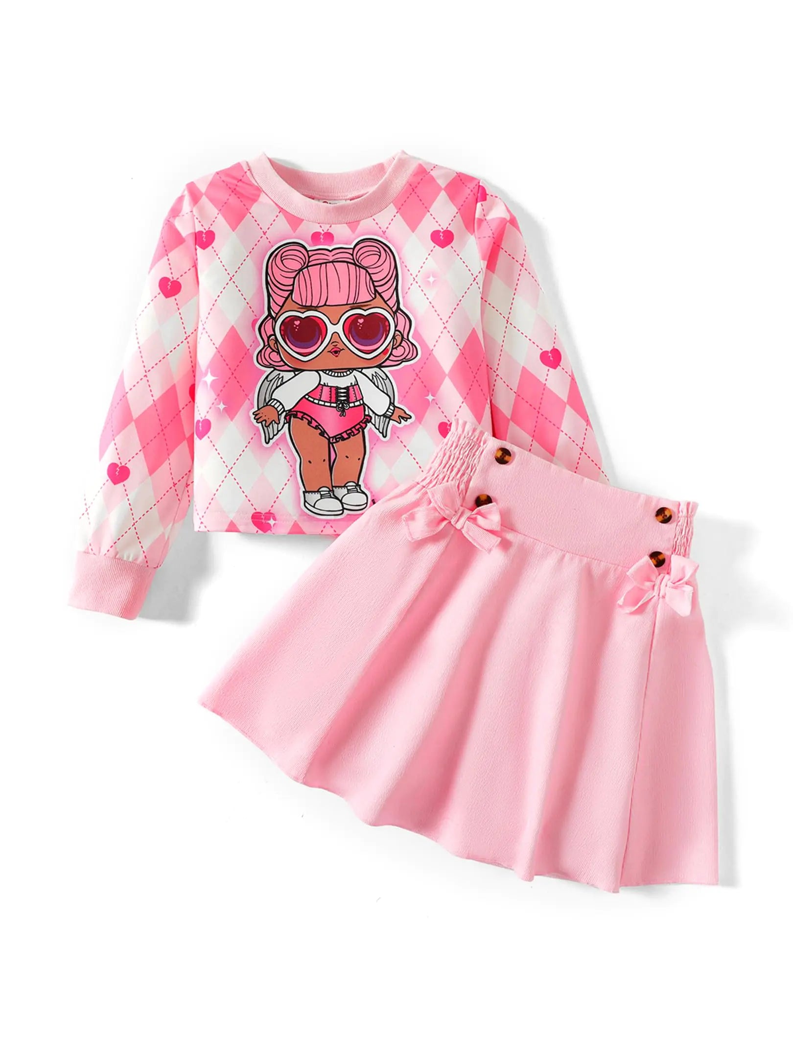 L.O.L. Surprise! Girls Fall Outfits Dolls Print Long Sleeve Plaid Sweatshirt and Skirt Set Pink Clothing Set Clothes for Birthday Party Size 7-8 Years