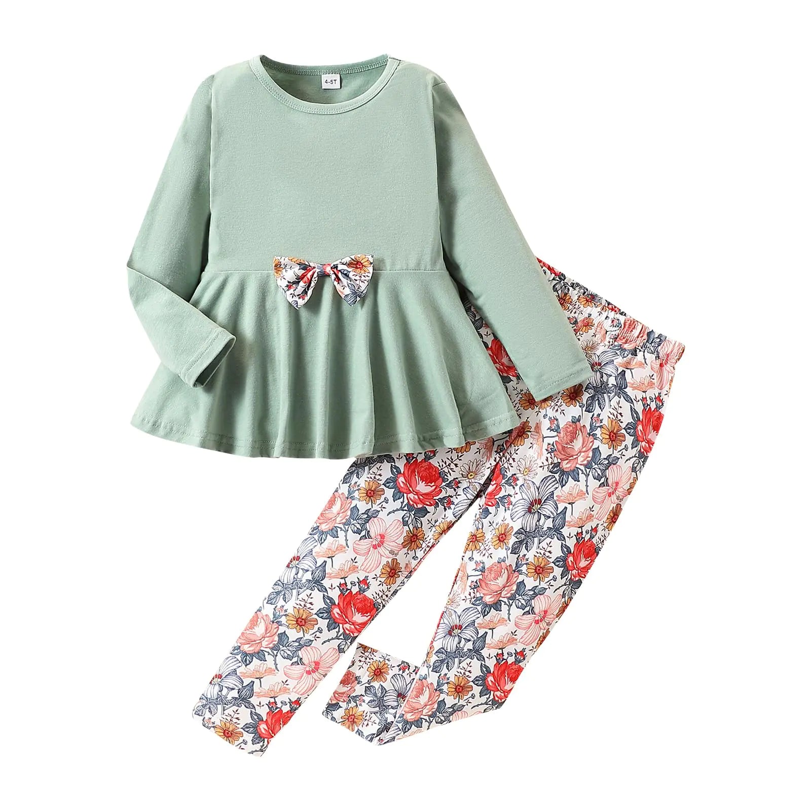 GOLLUNER Kids Toddler Girls Clothing Set Long Sleeve Top With Bowknot ＋Floral Print Pants 2 Pcs Fall Outfits Set(6-7T)