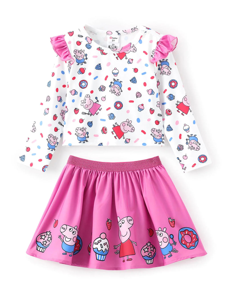 Peppa Pig Girls Skirt Sets Ruffle Long Sleeves Top Shirt and Skirt Fall Outfits Cute Clothing Sets Pink for Birthday Party Toddler Girl Size 4-5T