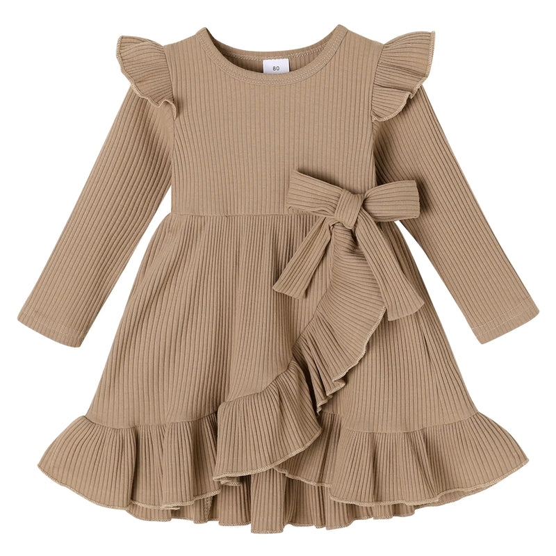 YOUNGER TREE Toddler Baby Girls Fall Clothing Solid Cotton Pit Irregular Skirt Winter Dress Long Sleeve Skirt Outfits(Ruffle-Brown 2-3T)