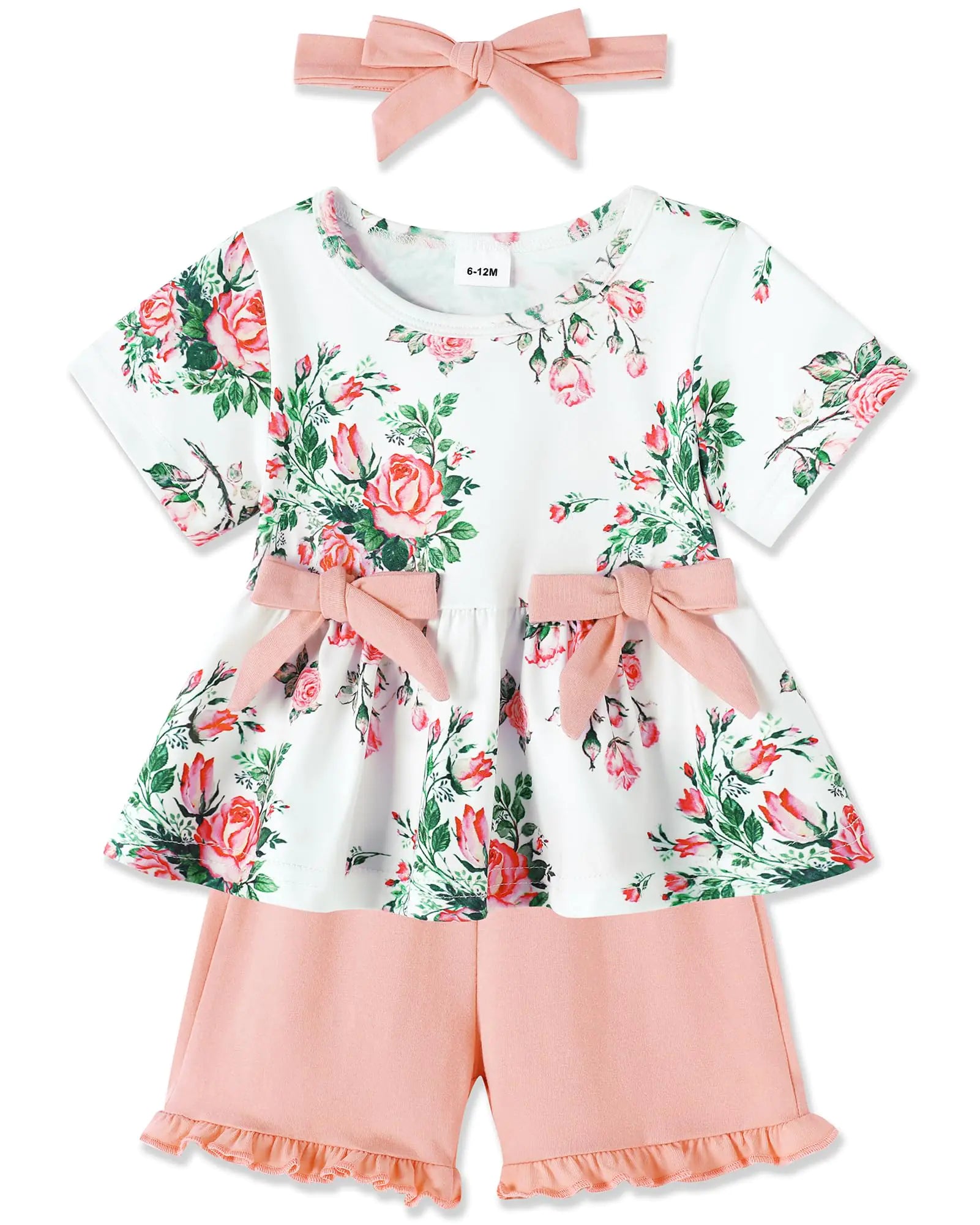 YALLET Toddler Baby Girl Clothes Summer Outfits Set Short Sleeve T-Shirt+Casual Shorts+Headband 3Pcs Infant Girl Clothing(Pink 6-12 Months)